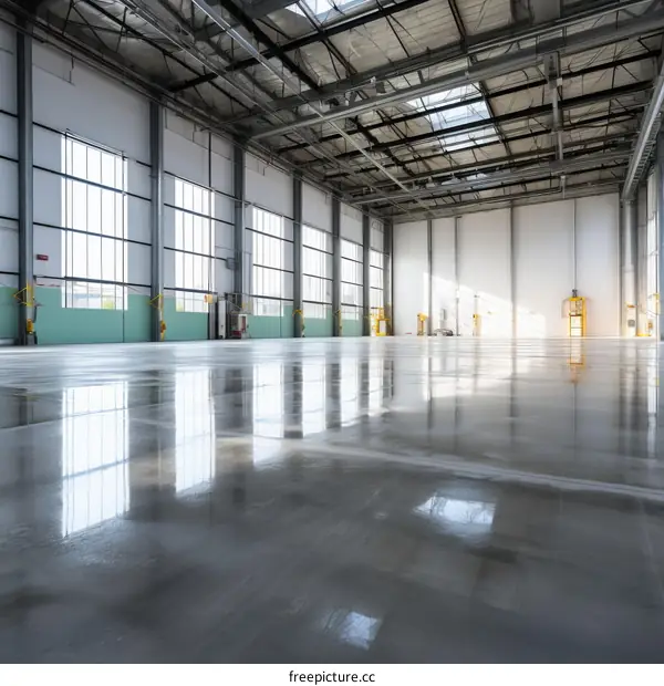Modern Empty Factory Building with Concrete Floor and Large Windows