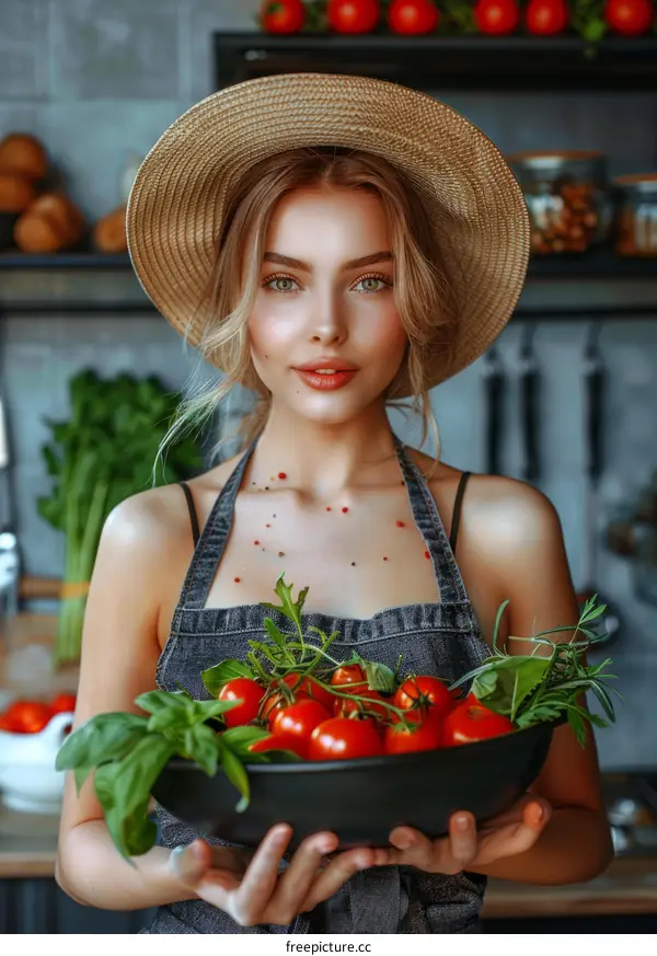 Young Blonde Woman in a Straw Hat and Apron Holding Tomatoes