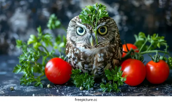 An owl sits between red tomatoes and parsley