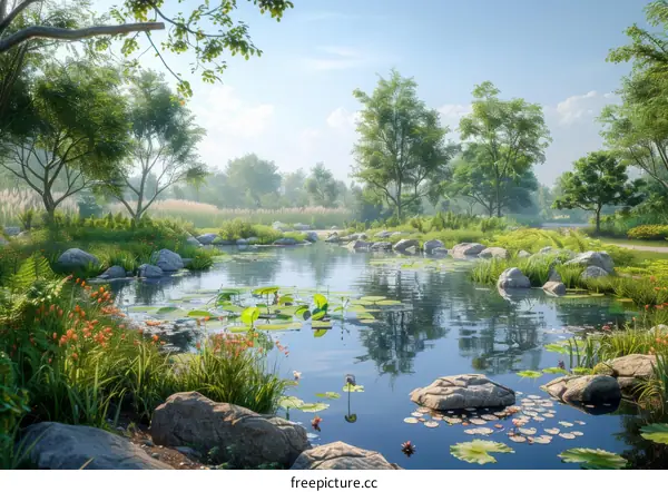 Peaceful Serenity: Sunlit Reflections in a Forest Pond