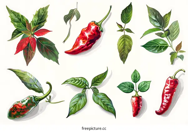 Hand Drawn Red and Green Chili Peppers With Leaves