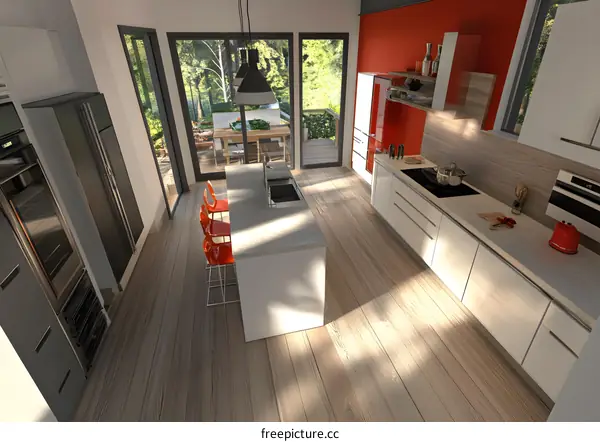 Modern Kitchen Interior Design with Red Accents and Natural Light