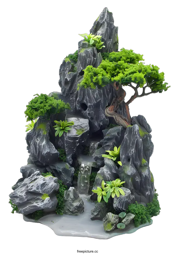 [Transparent Background PNG]Artificial Rock Waterfall Landscape Decoration with Green Plants