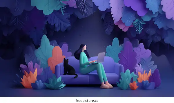 Woman Working on a Laptop in a Night Forest Illustration