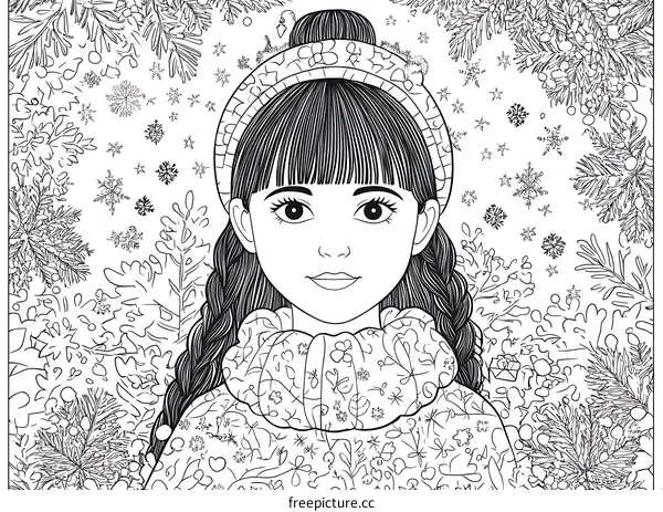Winter Girl Coloring Page with Snowflakes