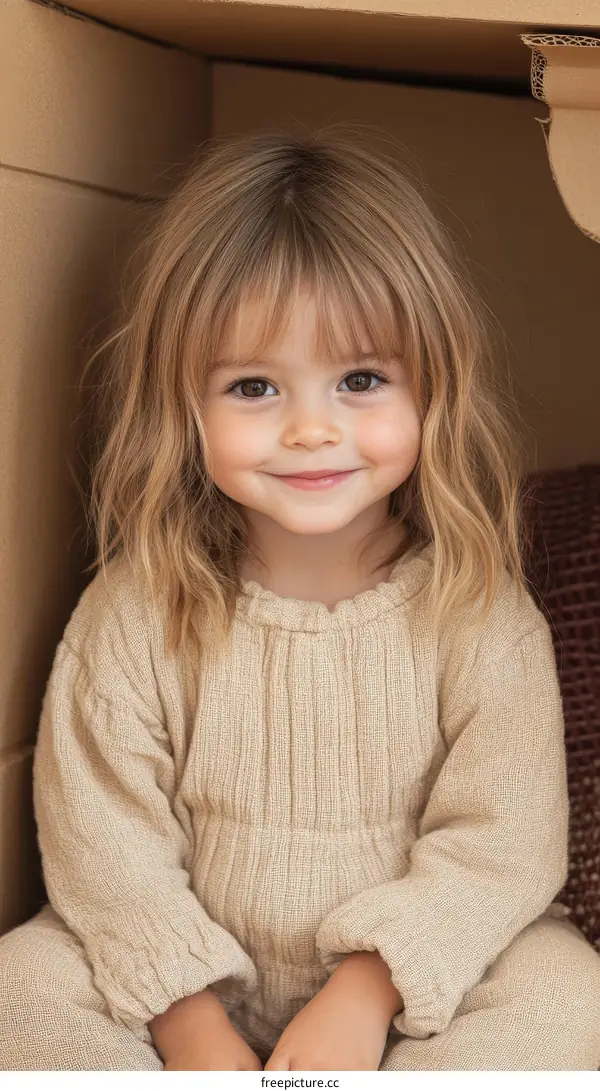 Adorable Little Girl Dressed in a Beige Jumpsuit Inside a Cardboard Box