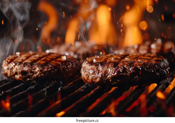 Beef patties are grilled over an open flame on a barbecue.