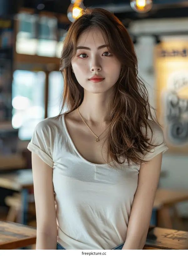 A beautiful Asian woman with long brown hair is sitting in a restaurant.