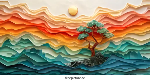 Paper Art Landscape With Tree and Sun
