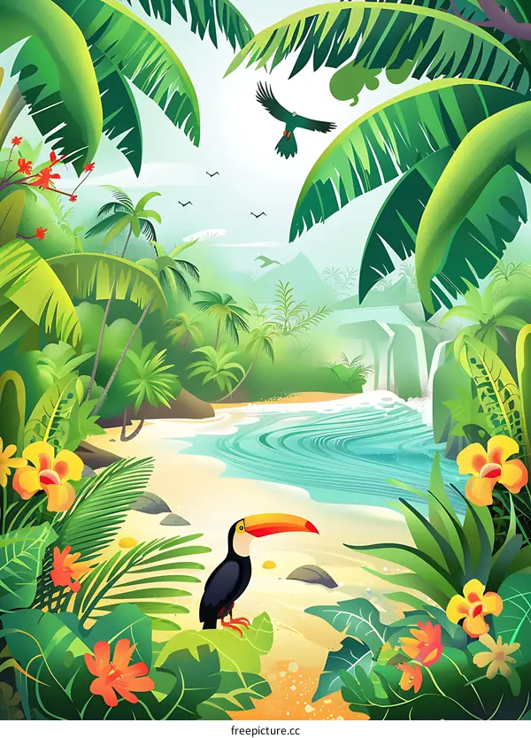 Tropical Rainforest Beach Scene Illustration