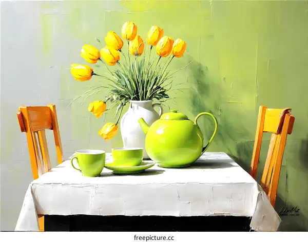 Still life painting of yellow tulips and green tea set