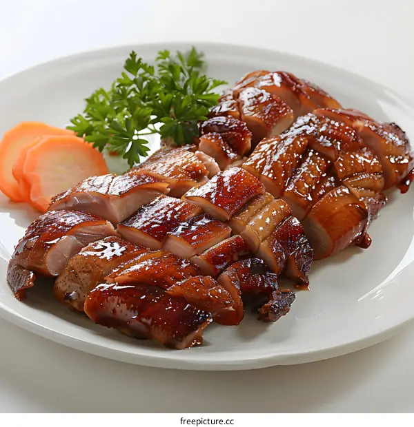 Sliced Roasted Duck on White Plate