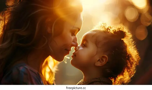 Mother and child backlit by the sun
