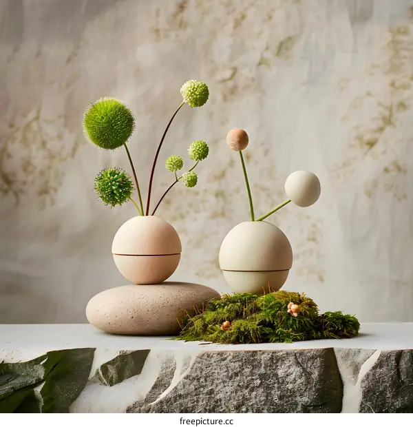 Wooden Vases with Green Flowers on a Stone Surface
