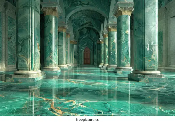 An ornate green marble hallway with arches and columns