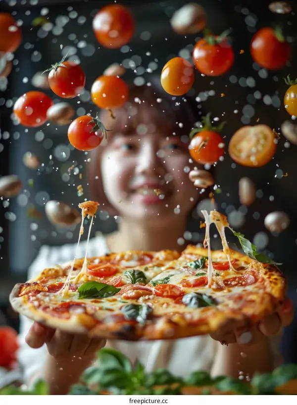 A woman holds a pizza with cheese and vegetables in the air