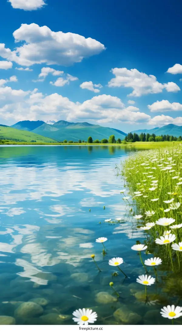 Tranquil mountain lake and blooming daisies