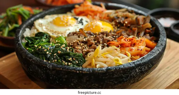 Korean food dolsot bibimbap with egg, kimchi and vegetables
