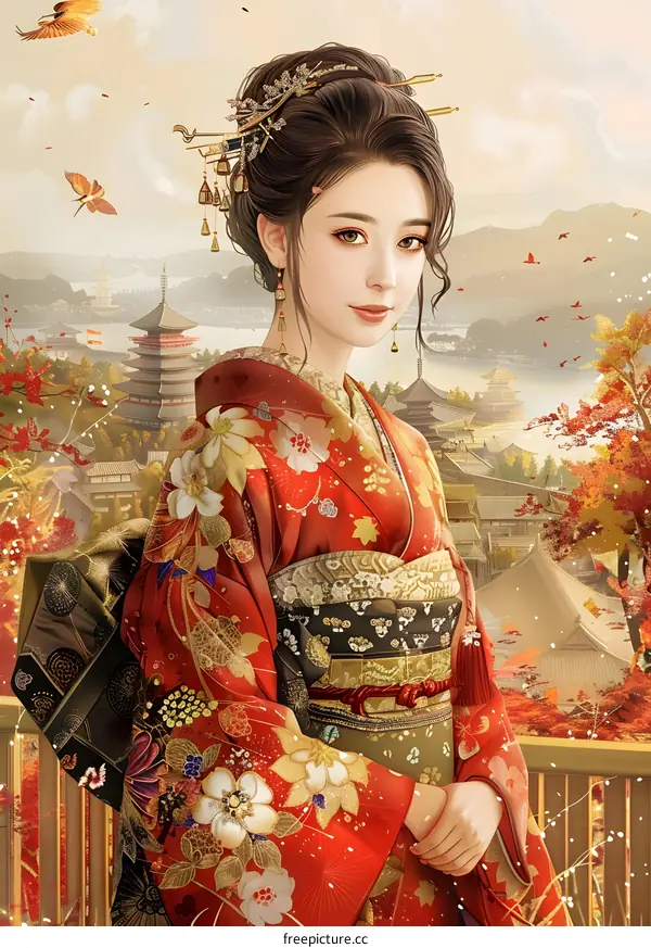 An Asian woman in traditional Japanese kimono with red and golden patterns standing in a garden with autumn trees and a lake with a pagoda on the other side