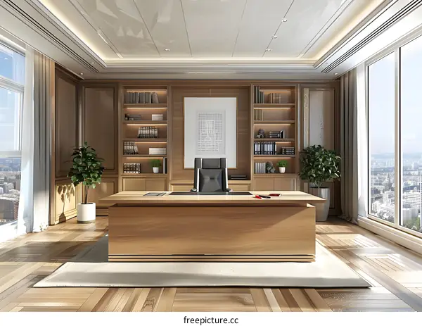Modern Luxury Office with Wooden Desk and Built in Bookshelves