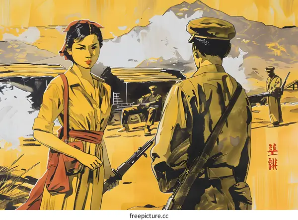 Woman Holding Gun with Soldiers in Mountains