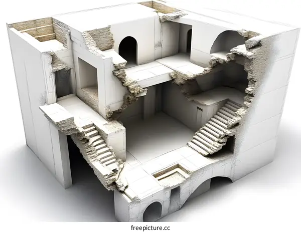 3D Model of a Ruined Building with Stairs and Arched Doorways