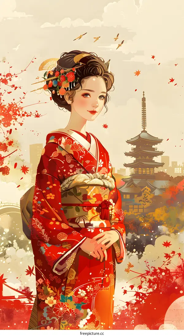A beautiful Japanese woman in a red kimono standing in front of a temple