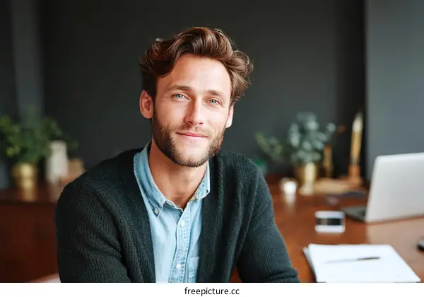 A Young Man Sitting at a Desk with a Laptop and Plants