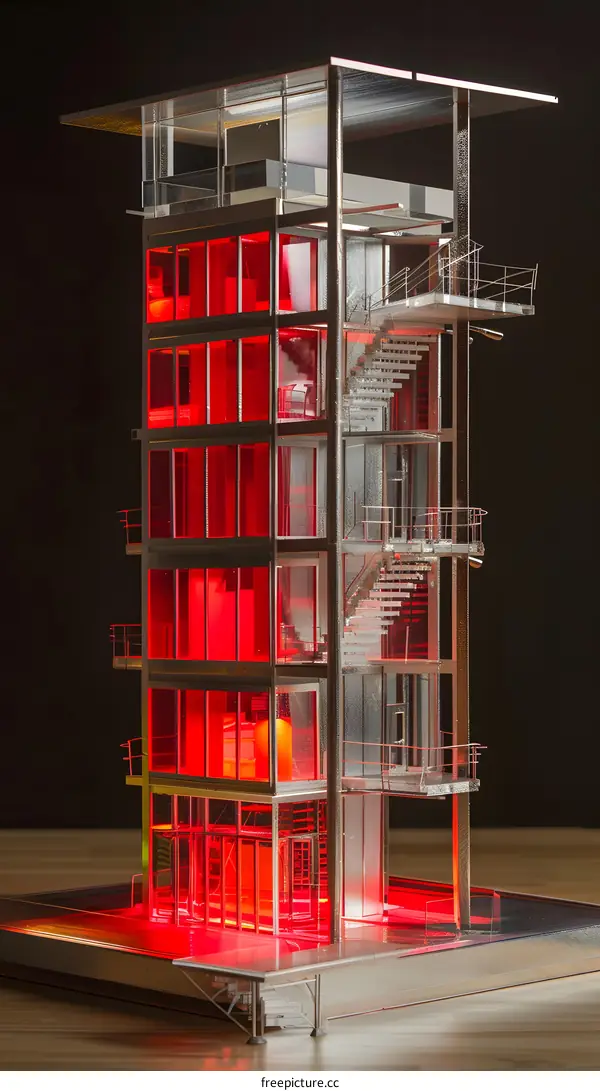 Modern Architectural Model With Red Lights
