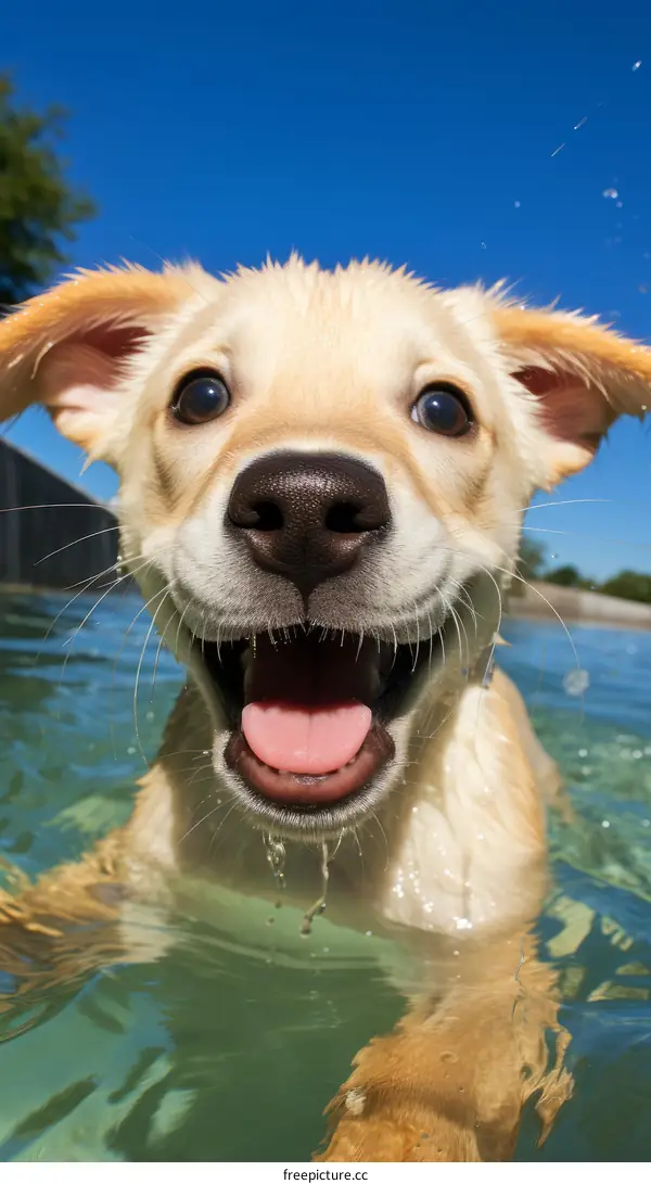 Happy Dog Paddling Joyfully in the Pool