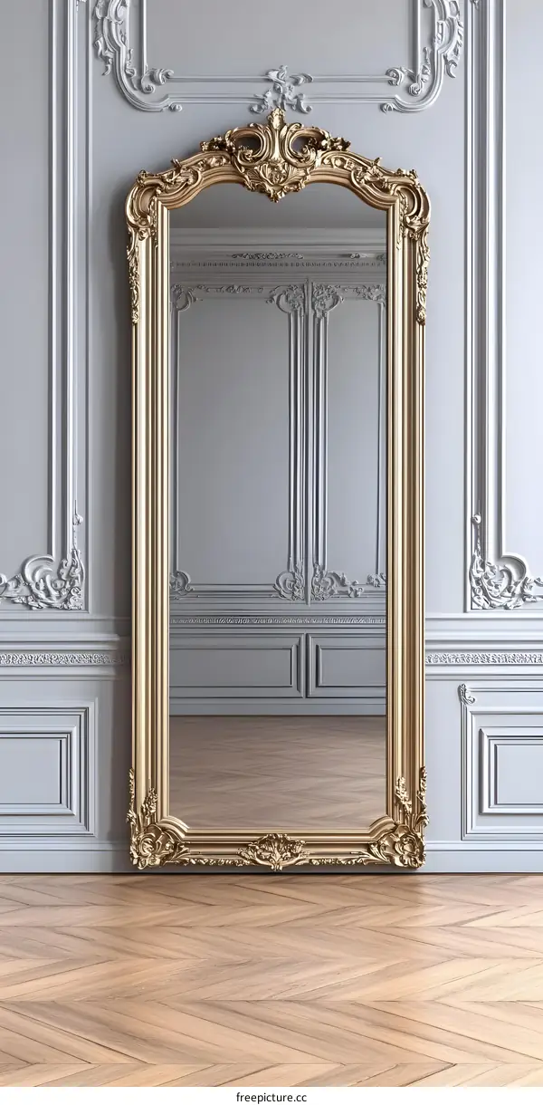 Ornate Gold Mirror with Intricate Molding in a  Elegant Interior