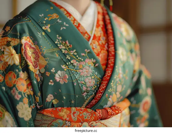 A woman wearing a green kimono with floral embroidery