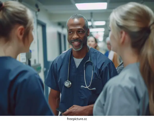 Black male doctor talking to two female nurses in a hospital hallway