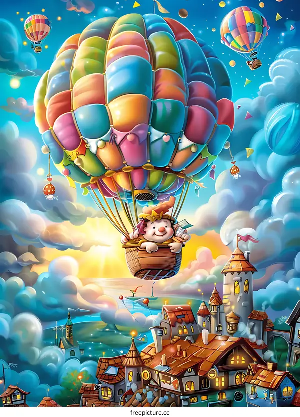 Colorful Hot Air Balloon Flying Over Fantasy Town