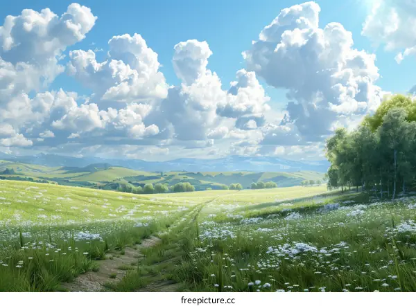 White Wildflowers Bloom in Hillside Meadow