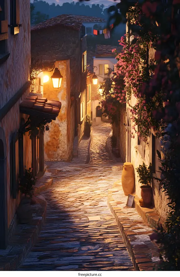Cobblestone Alleyway in a Quaint European Village at Dusk