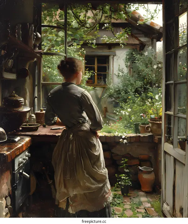 A woman standing in a kitchen doorway looking out at a garden