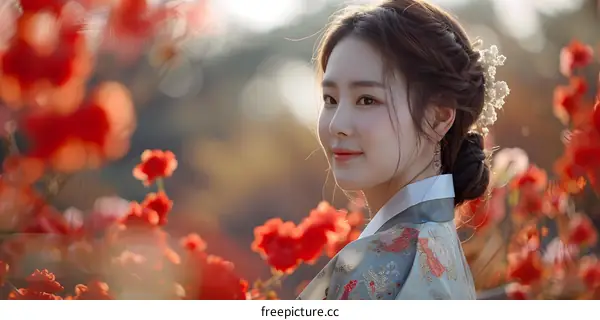 Portrait of a young Korean woman in traditional Hanbok dress smiling in a field of red flowers