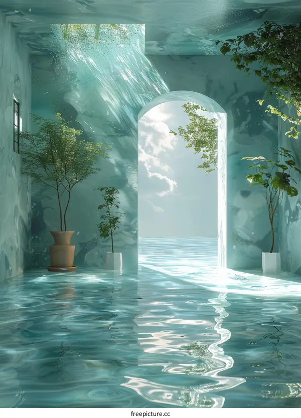 Surreal Underwater Room with Archway to the Sea