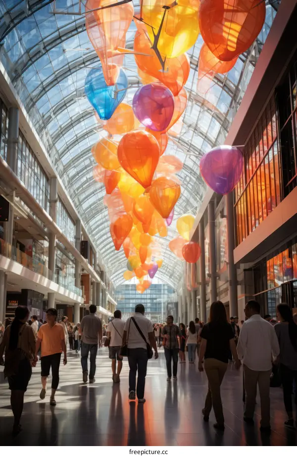 Crowded shopping mall with colorful balloons