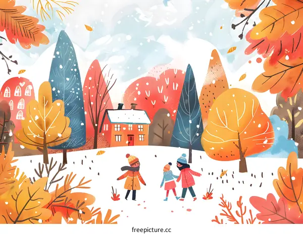 Winter Wonderland Illustration With Three Kids In The Snow