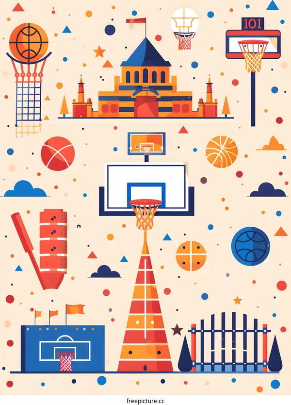 Basketball Court Illustration with Multiple Hoops and Buildings