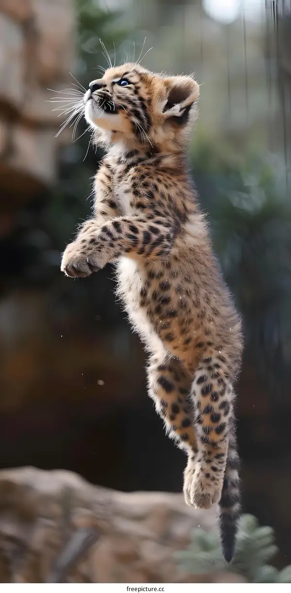 A cute baby leopard is jumping in the air