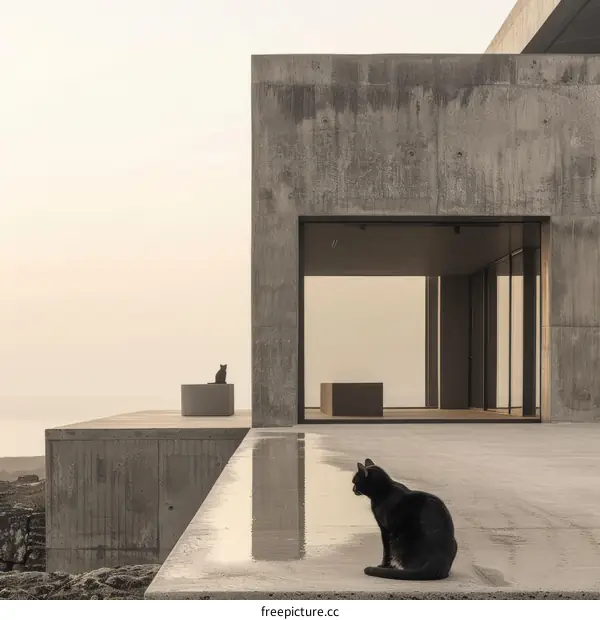 Two Black Cats Relaxing on a Concrete Terrace with Stunning Ocean Views