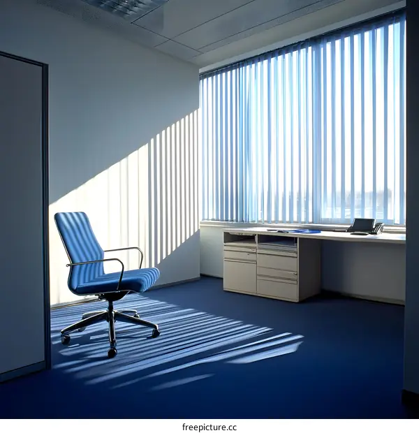 Blue Office Chair by the Window with Blinds
