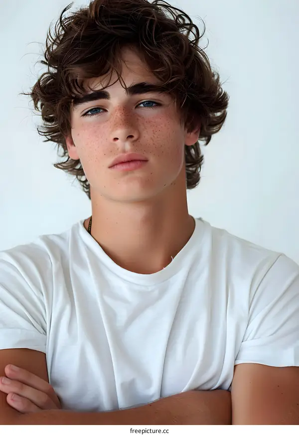 Portrait of a young male model with freckles and curly hair