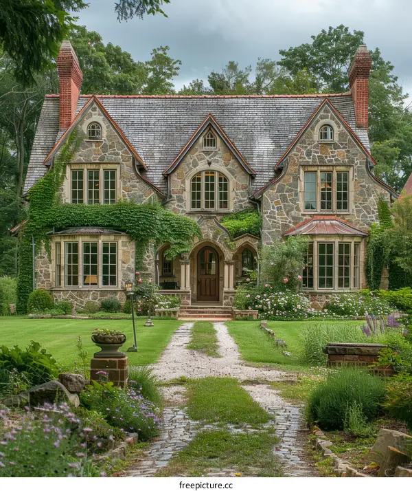 Quaint Tudor Stone and Shingle Cottage Embraced by Verdure