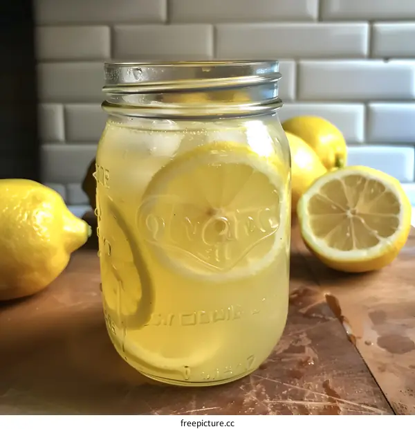Homemade Lemonade in Glass Jar with Lemons