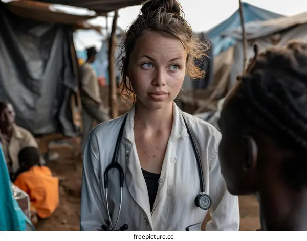 Portrait of a female doctor in a refugee camp