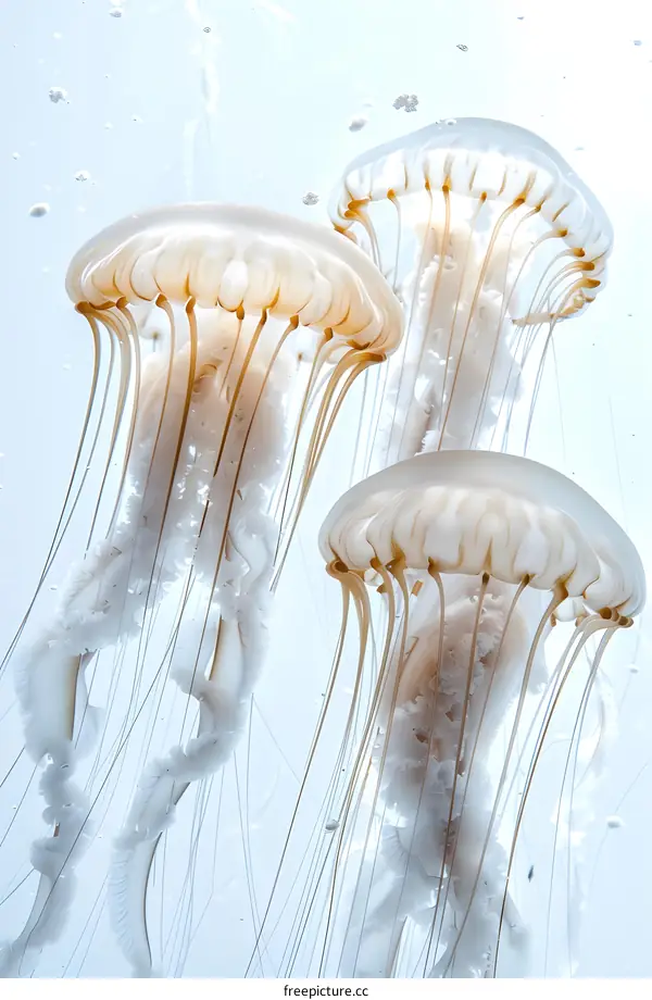 Three jellyfish are swimming in the water